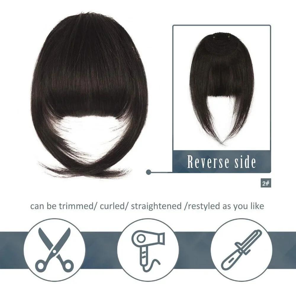 Human Hair Clip In Bangs Dark Brown French Fringe for Women Easy Style